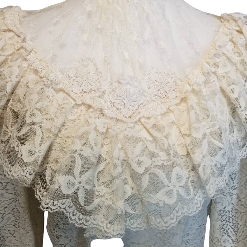 Vtg 70s does victorian ivory lace sheer ruffle puffy sleeve button back blouse - Picture 11 of 12